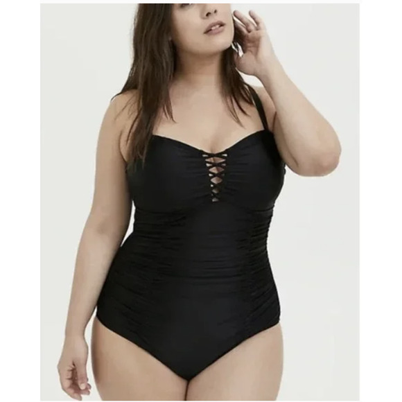 torrid Other - Torrid Lattice Ruched Black Wireless One-Piece Swimsuit